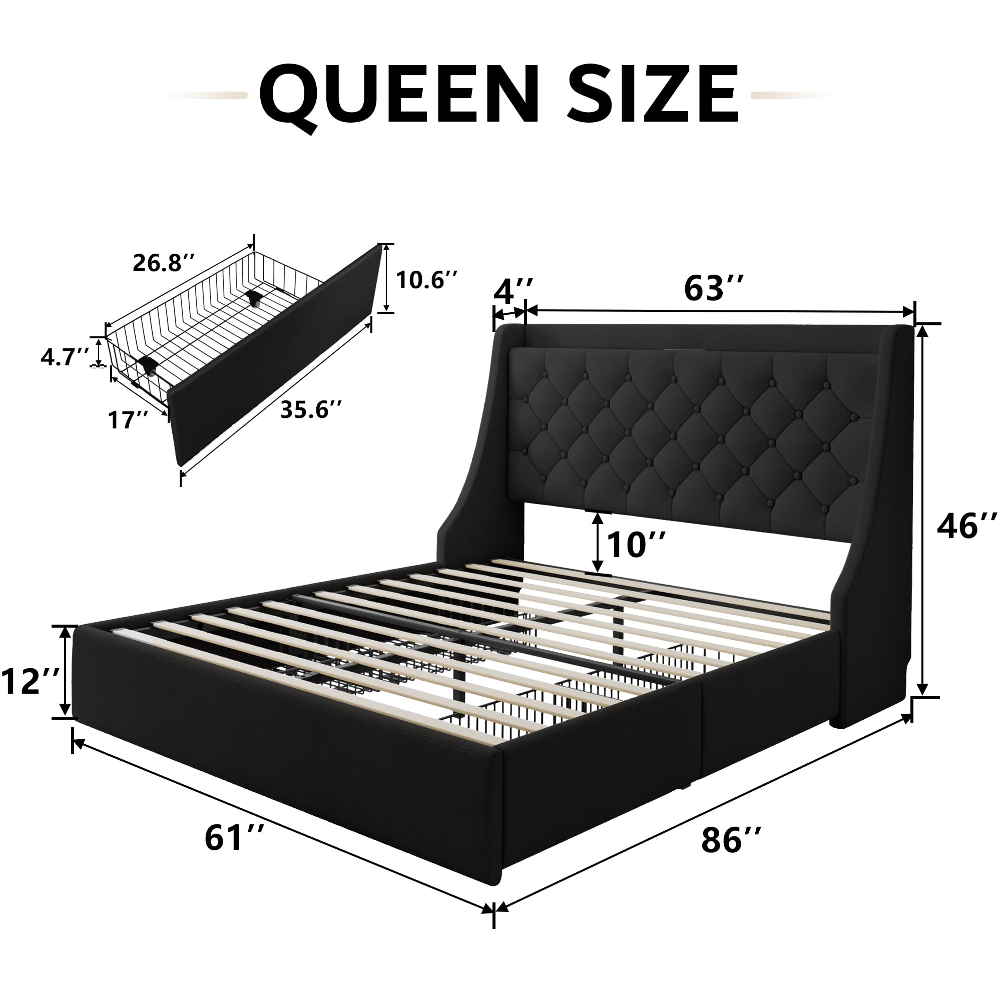 iPormis Queen Bed Frame with 4 Storage Drawers, Upholstered Platform Bed Frame with Type-C & USB Ports, Wingback Storage Headboard, Solid Wood Slats, No Box Spring Needed, Black
