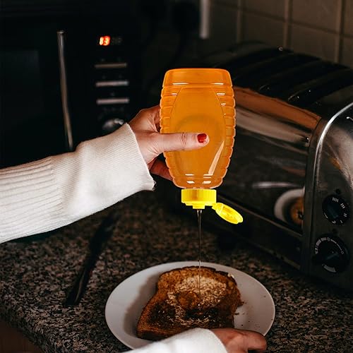 Miniatura 4 de Rocutus Frasco de miel, paquete de 6 botellas de miel de plástico de 15 onzas, botella de miel vacía, botella de miel exprimible con tapas abatibles
