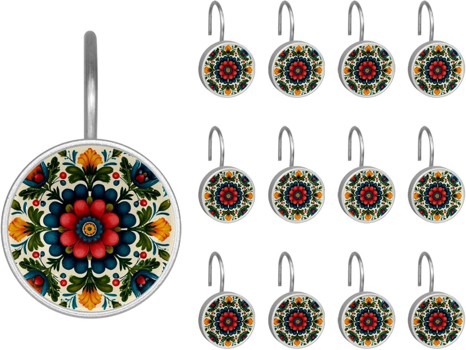 12PCS Norwegian Rosemaling Folk Style Flower - 2025-11-19T153731.985 Shower Curtain Hooks Rings for Bathroom, Decorative Shower Curtain Hooks Rods Curtains and Liner