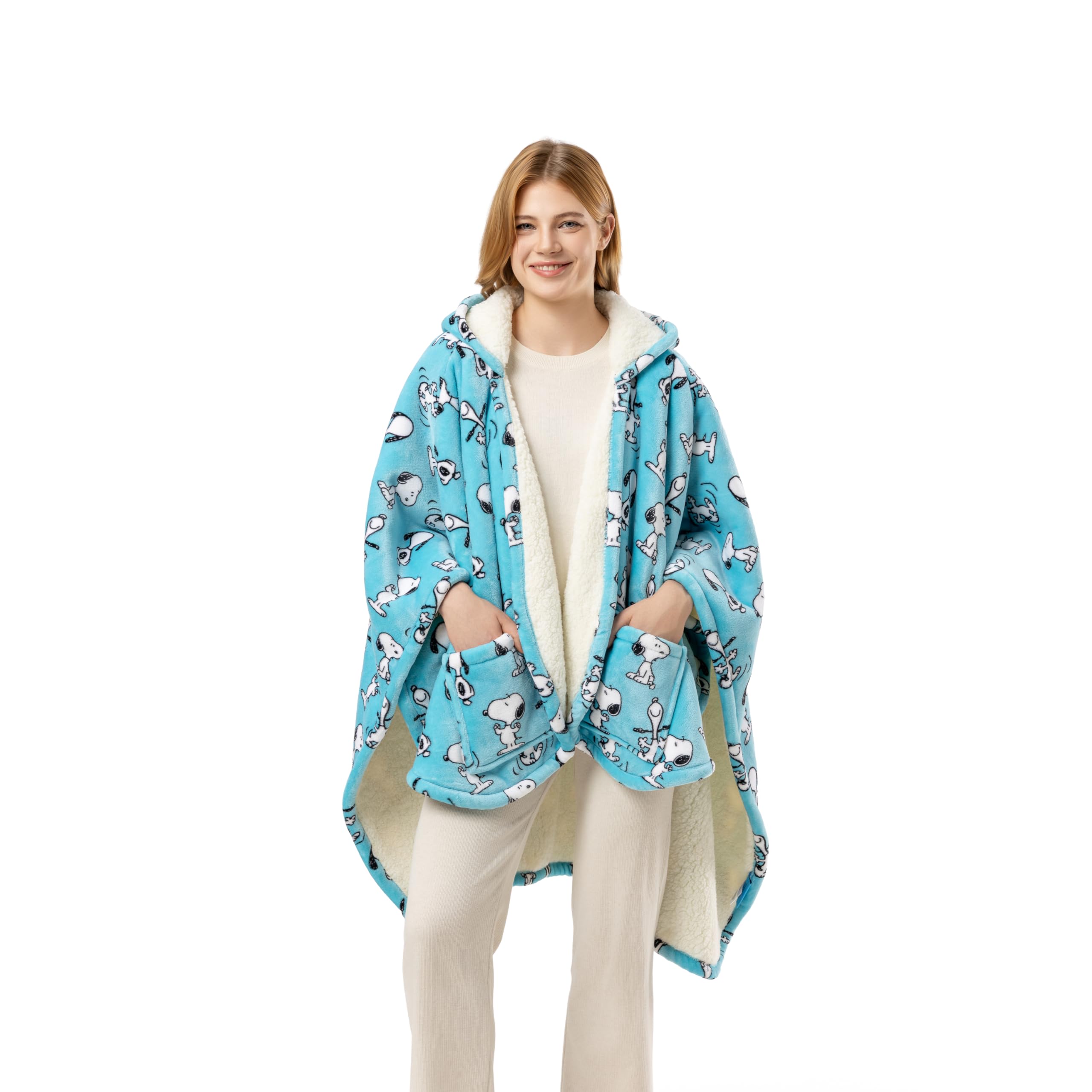 Berkshire Blanket Peanuts® Sherpa Wearable Blanket Hoodie, Cute Character Snoopy Plush Hooded Shawl Blanket OEKO-TEX STANDARD 100