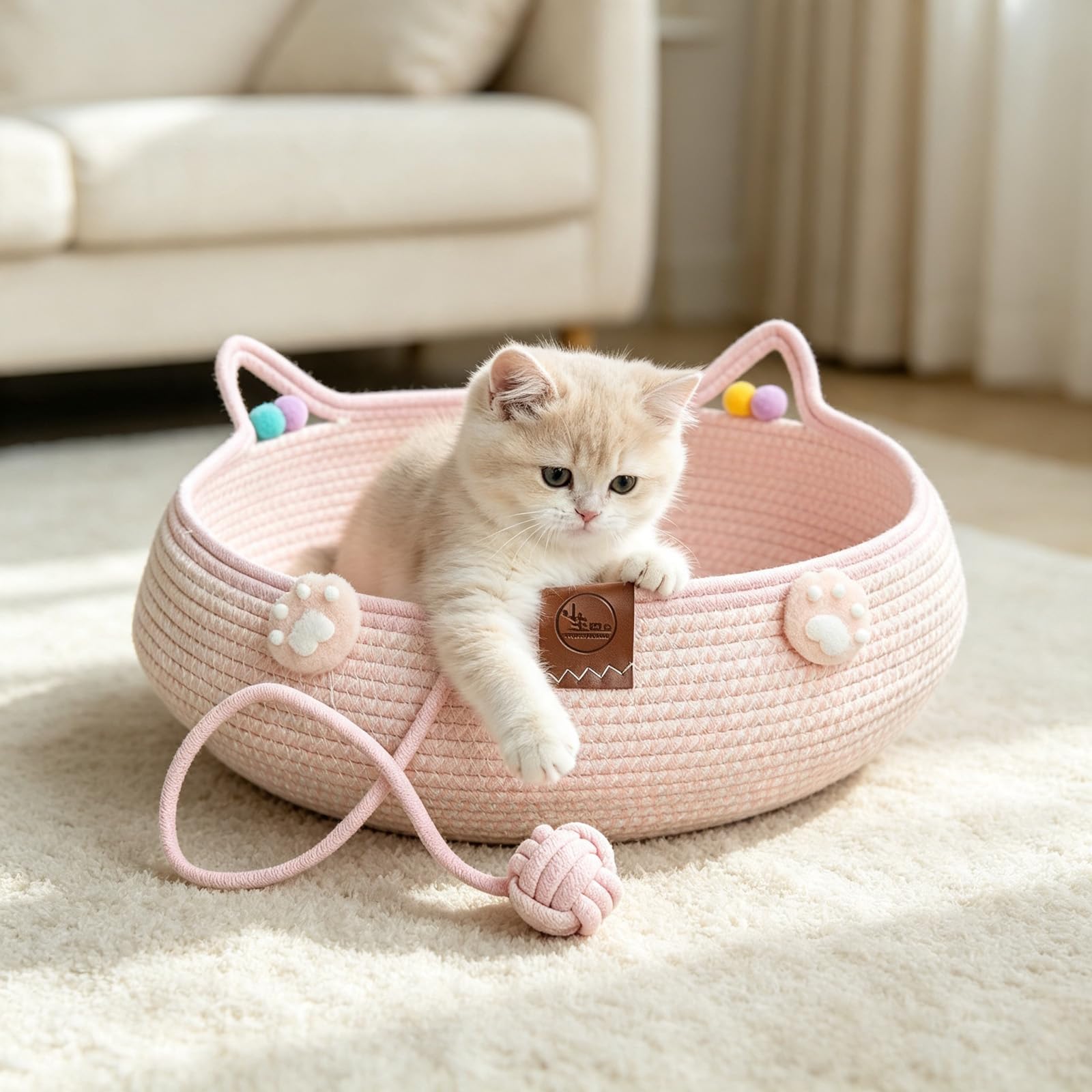 FAKOFIS Cotton Rope Cat Bed Basket, Handwoven Cat Bed with Scratching Toy Ball, Breathable Round Cat Scratcher Bed, Cute Cat Ear Design, All Season Cozy Sleeping Nest for Indoor Cats