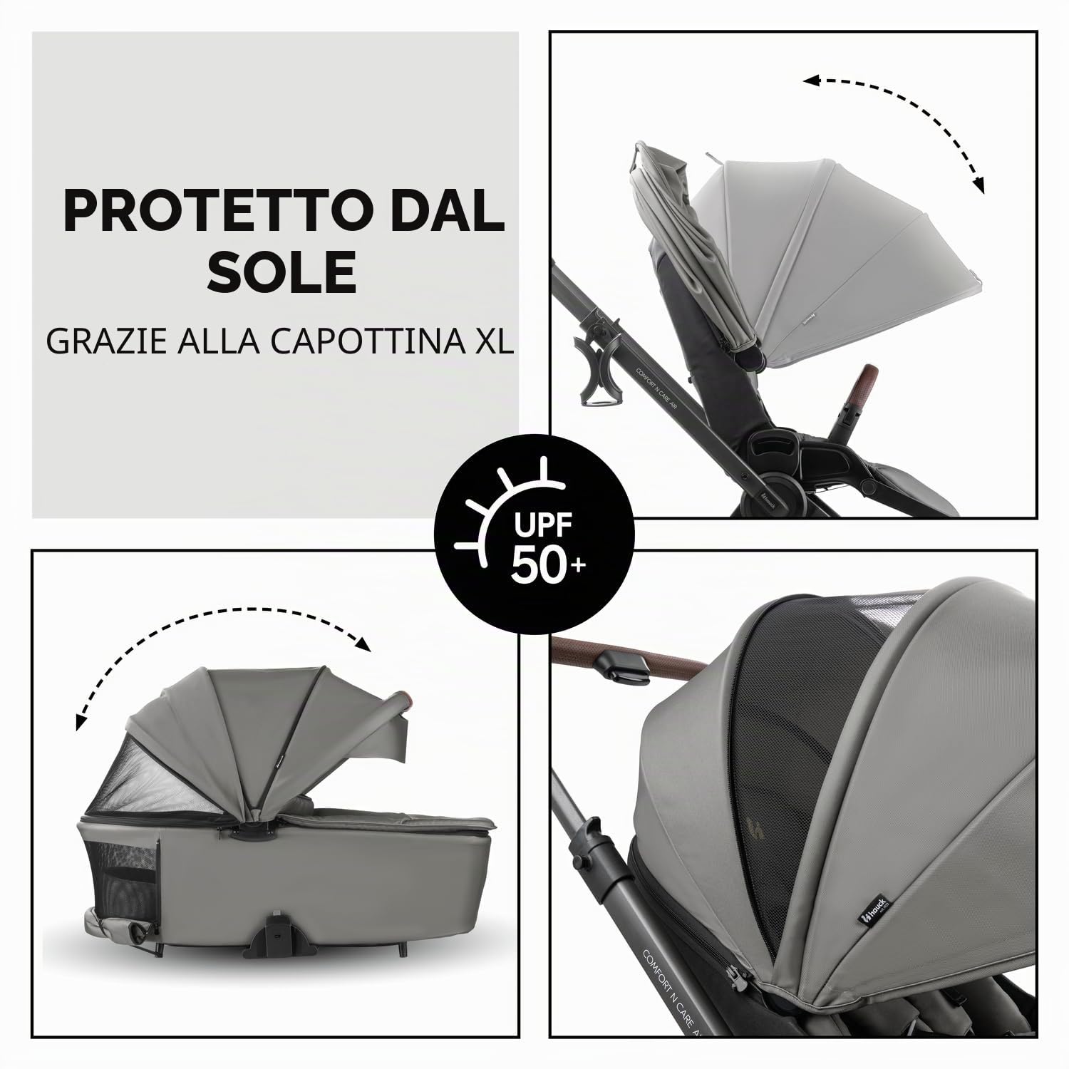 hauck Comfort N Care Air Set, Dark Grey - Passeggino 2in1 con Ruote ad Aria, Navicella Neonato con Pulsanti Memoria, Seduta Reversibile Reclinabile fino a 22 kg, Coprigambe, Portabibite, Sospensione
