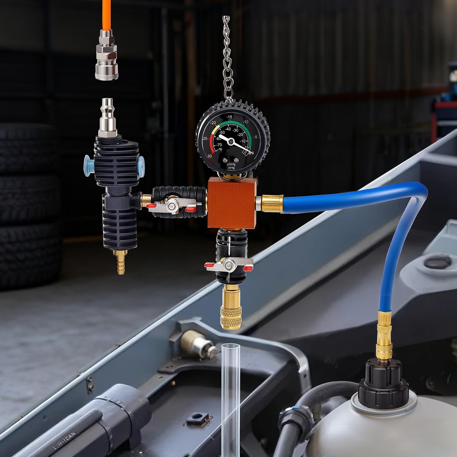 VEVOR Juego de 47 Manómetros de Refrigerante con 3 Adaptadores Metálicos, Ajuste Universal, para Sistemas de Refrigeración de Automóviles, con Bomba de Presión y Llenador de Aluminio y Plástico