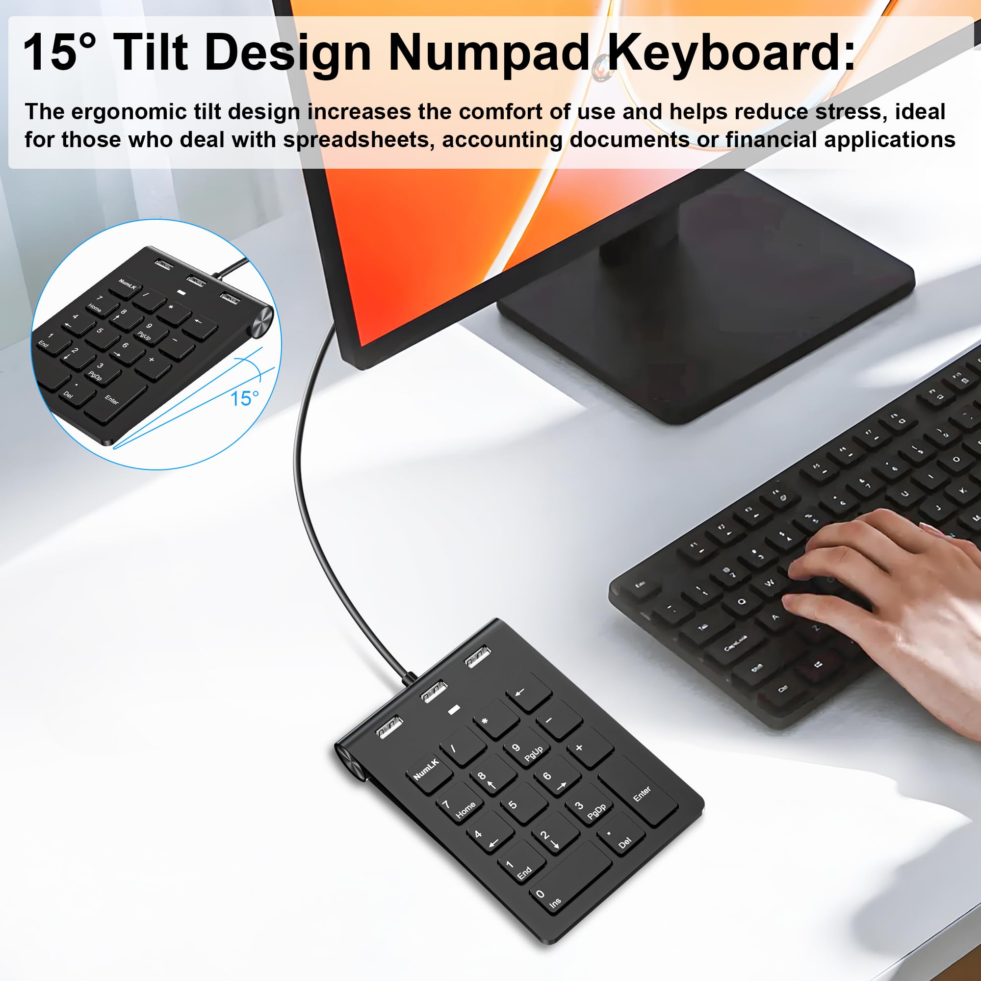 Teclado Numérico con Cable, USB A/USB C Ultradelgado 18 Teclas Mini Teclado Numpad Portátil Ergonómico con 3 USB 2.0 Puertos, Oficina Cálculo Extensiones de Teclado para Computadora Portátil, PC