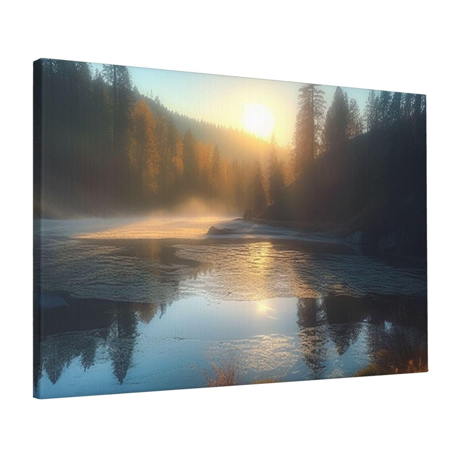 Canvas Wall Art for Living Room Wall Decor 16"x24" Modern Artwork Painting Pictures Hanging Canvas Prints Sunrise over mountain forest lake Aesthetic Wall Art for Bedroom Bathroom Office Wallart Decor
