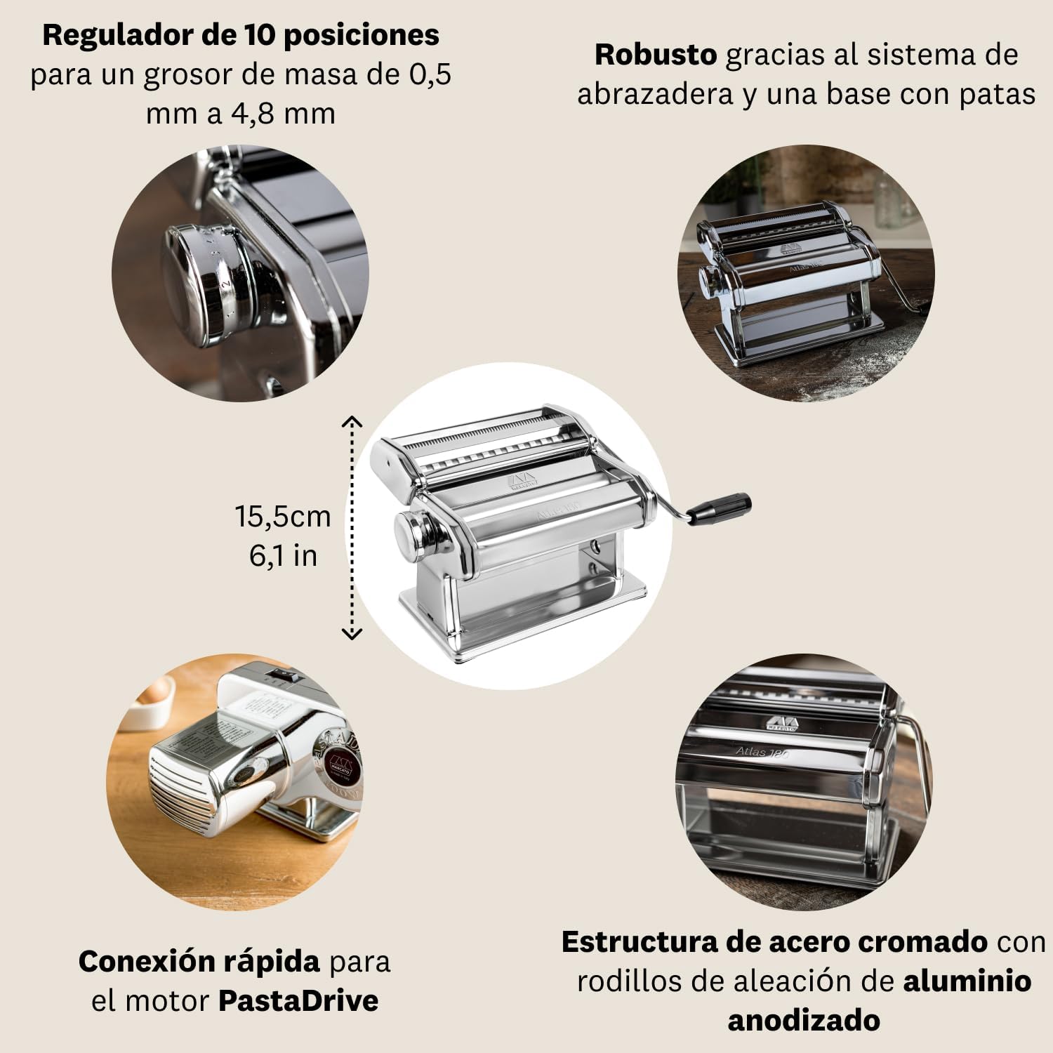 Marcato Atlas 180 Classic Maquina para Hacer Pasta, Acero Cromado, Silver, 24 X 20 X 15.5 Cm