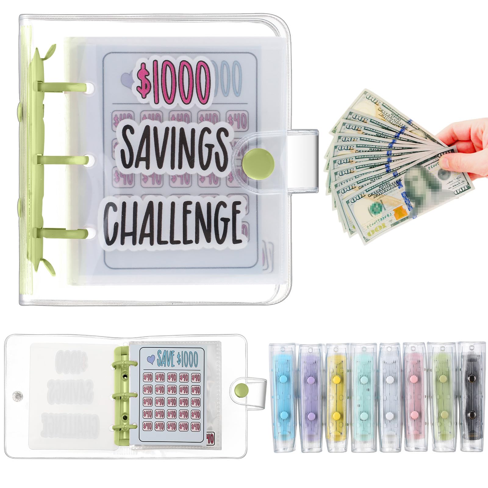 Jetec 1000 Money Saving Challenge with 25 Binder Mini Money Savings Challenge Book with Envelopes Budget Saving Cash for Budgeting Planner Teacher Graduation Gift Kid Home School Favor(1 Pcs, Green)