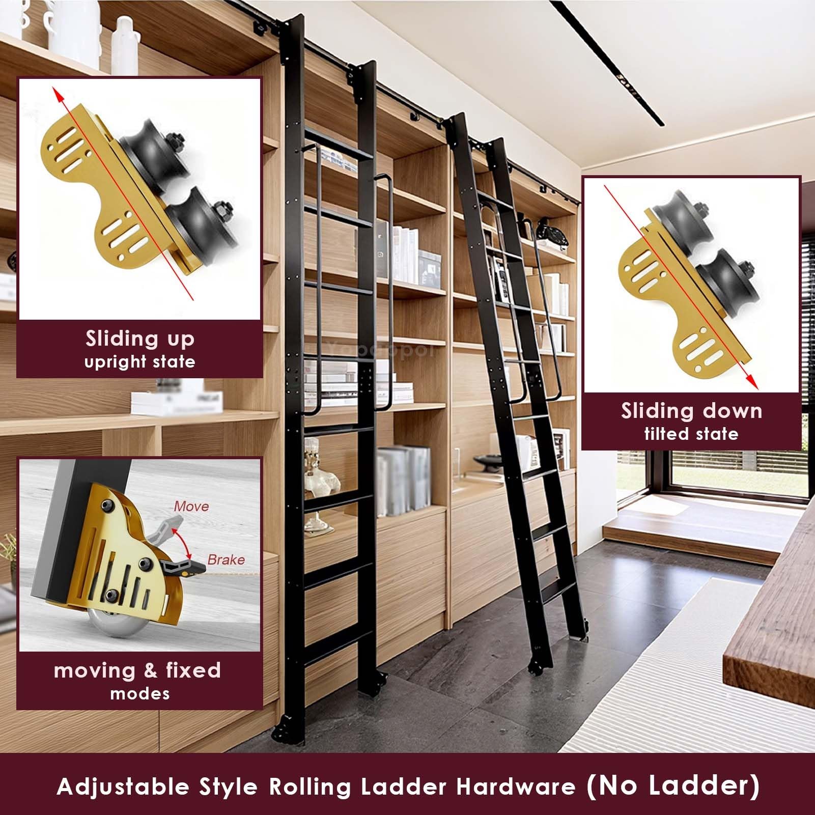 Rolling Hardware Gold Schiebeleiter-Set für Bibliotheken (ohne Leiter), Rundschienen-Gleitrollensystem für Dachbodenbüros(Telescopic,244cm Gleisbausatz)