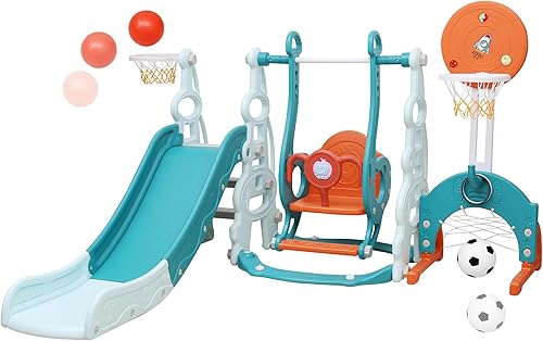 Juego de tobogán y columpio 5 en 1 para niños pequeños, parque infantil interior con columpio de seguridad, aro de baloncesto y red de fútbol,