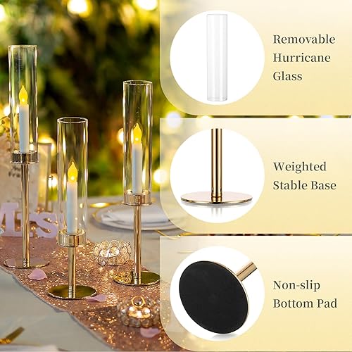 Miniatura 5 de Hewory Portavelas dorados para huracán, 6 portavelas de palo, candelabros, portavelas cónicos con cubierta de vela de vidrio para mesa de boda,