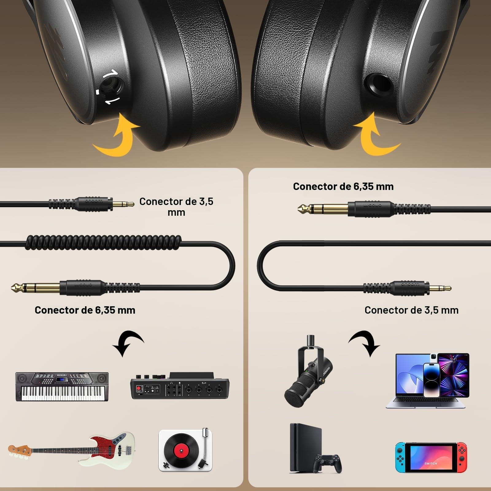 MAONO Auriculares DJ, Auriculares Estudio con Cables Desmontables de 6,35 & 3,5 mm, Diseño Cerrado, Controladores de 50 mm, para DJ, Podcast, PC, micrófono, Guitarra, MH700 Negro