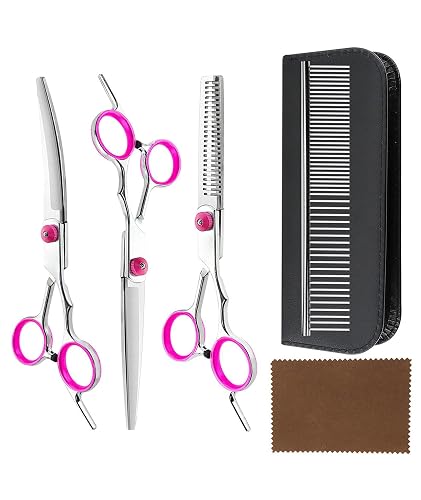 6PCS Dog Grooming Kit, Dog Hair Cutting Scissors, Scissors, Professional Dog Grooming Shears Set, Thinning, Straight, And Curved Shears, Cleaning Cloth, Grooming Comb