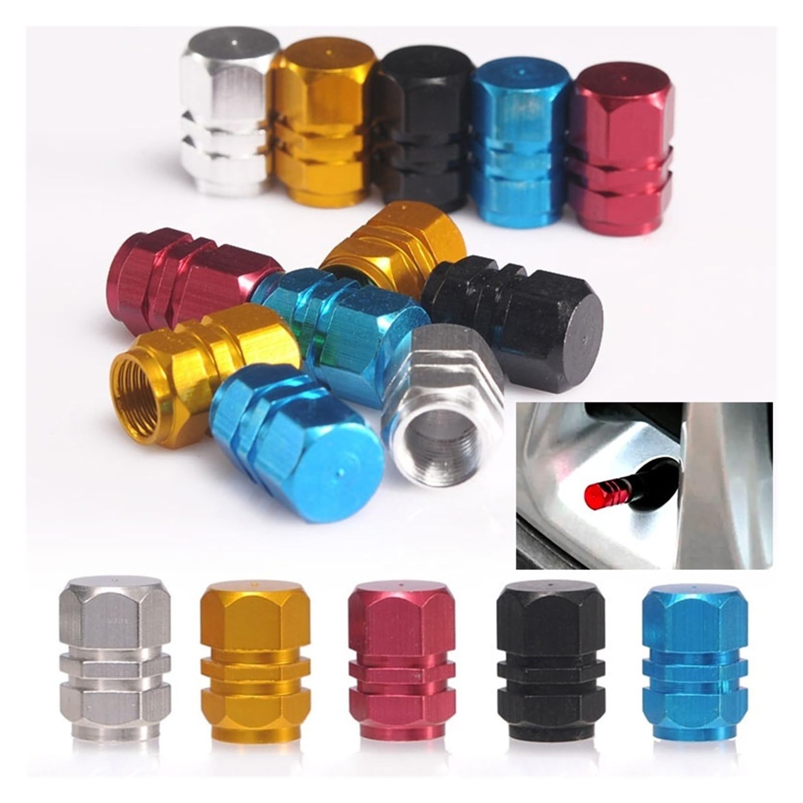 4Pcs Aluminum Tire Valve Caps Hex Alloy Airtight Dustproof for Auto(Red 4pcs)