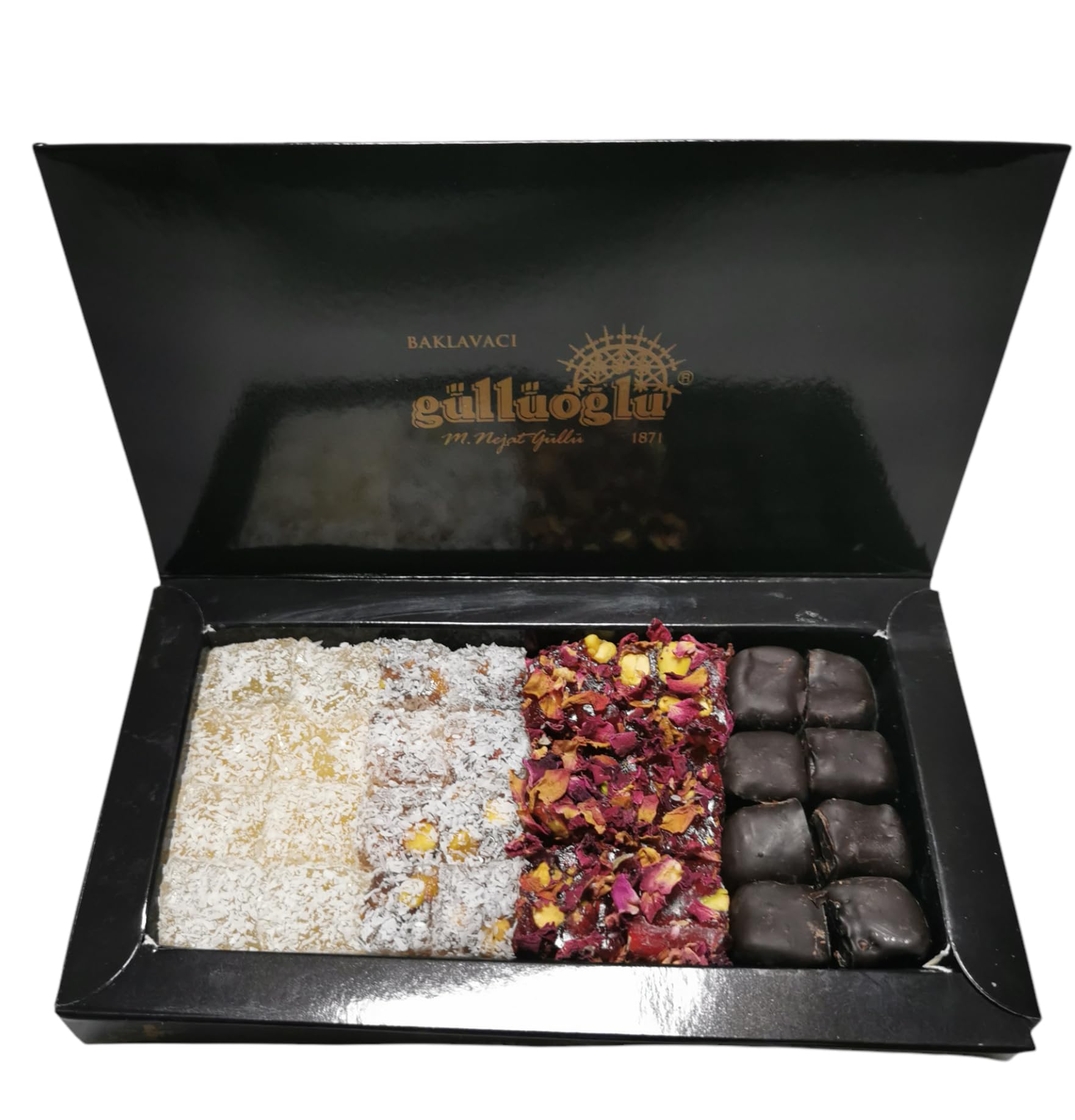 Güllüoglu Gourmet Delight Series: Sultan’s Confections Assorted Turkish Delight, 8.8oz - 250gr (Pack of 1), Chocolate-Pistachio-Bergamot-Orange-Rose Leaves-Pomegranate-Honey-Coconut, daily fresh shipment from Istanbul/Turkey