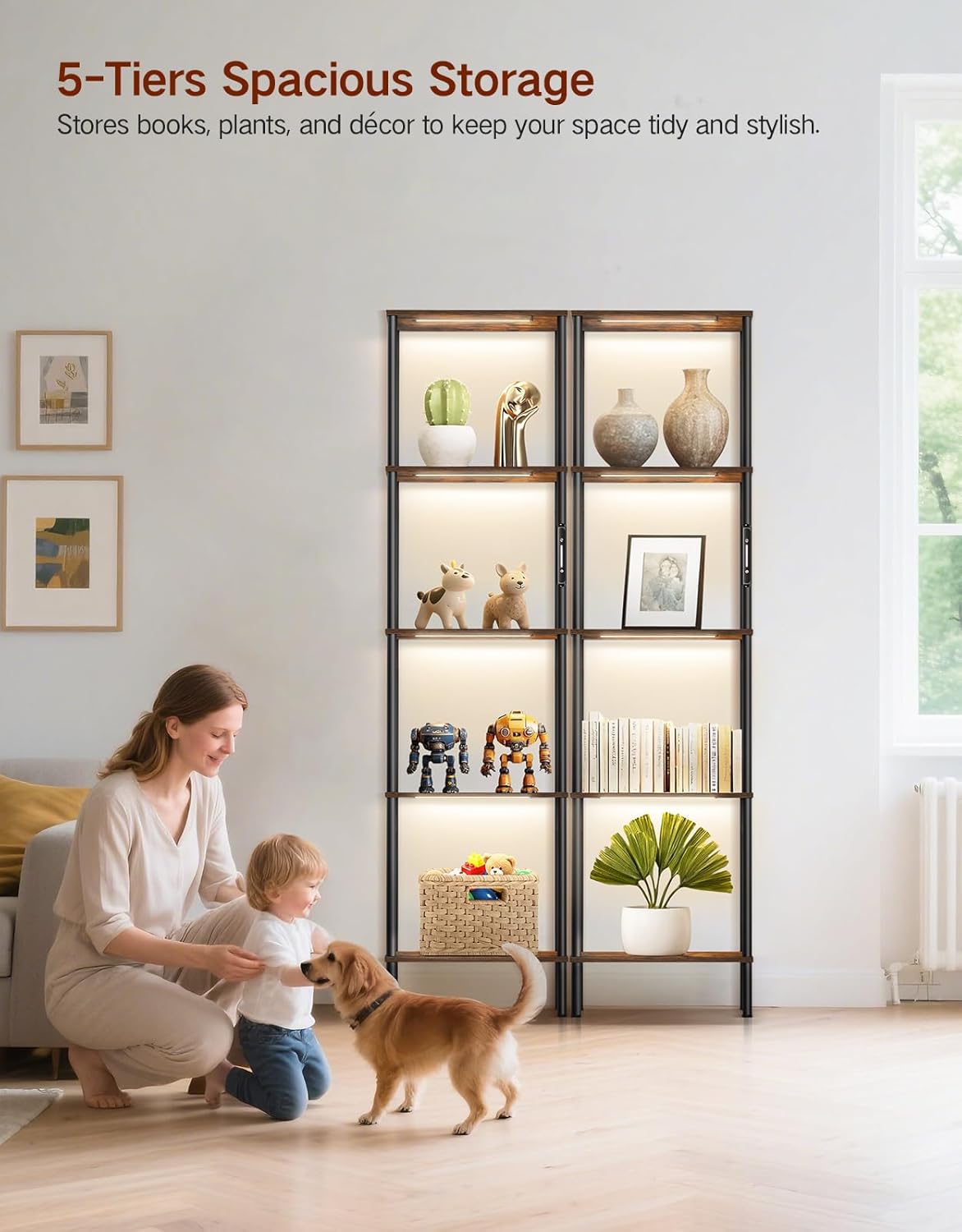 5 Tier Tall Display Shelves with LED Lights, Touch & Remote Control, Dimmable Display Cabinet, Open Bookshelf with 3 Color Temperature, Timer for Living Room, Bedroom, Home Decor