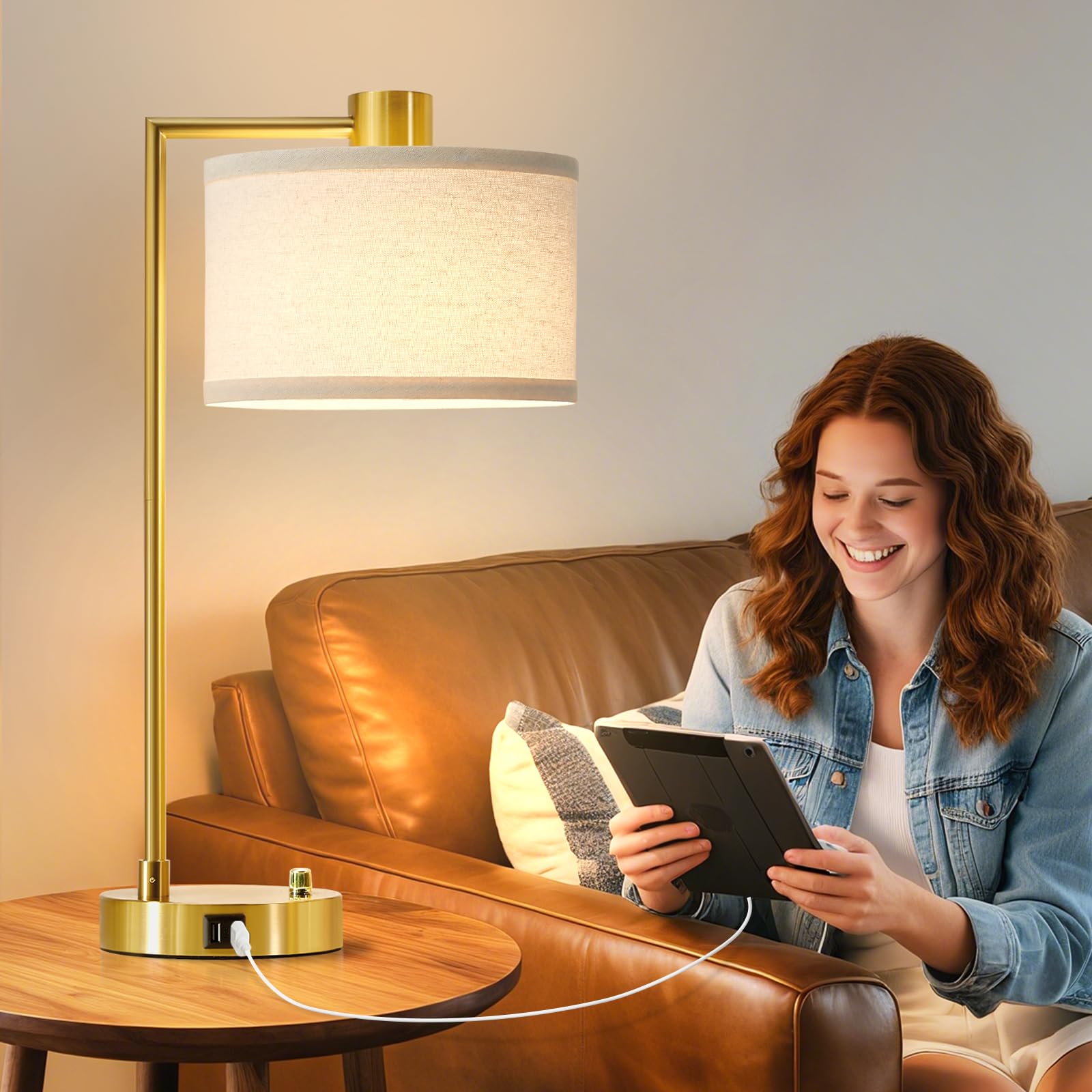 GyroVu Lámpara de mesa para dormitorio, puertos USB C+A, lámpara de mesilla grande, lámpara de mesilla regulable sin escalonamientos con pantalla de lino para salón, lectura y oficina (Dorado)