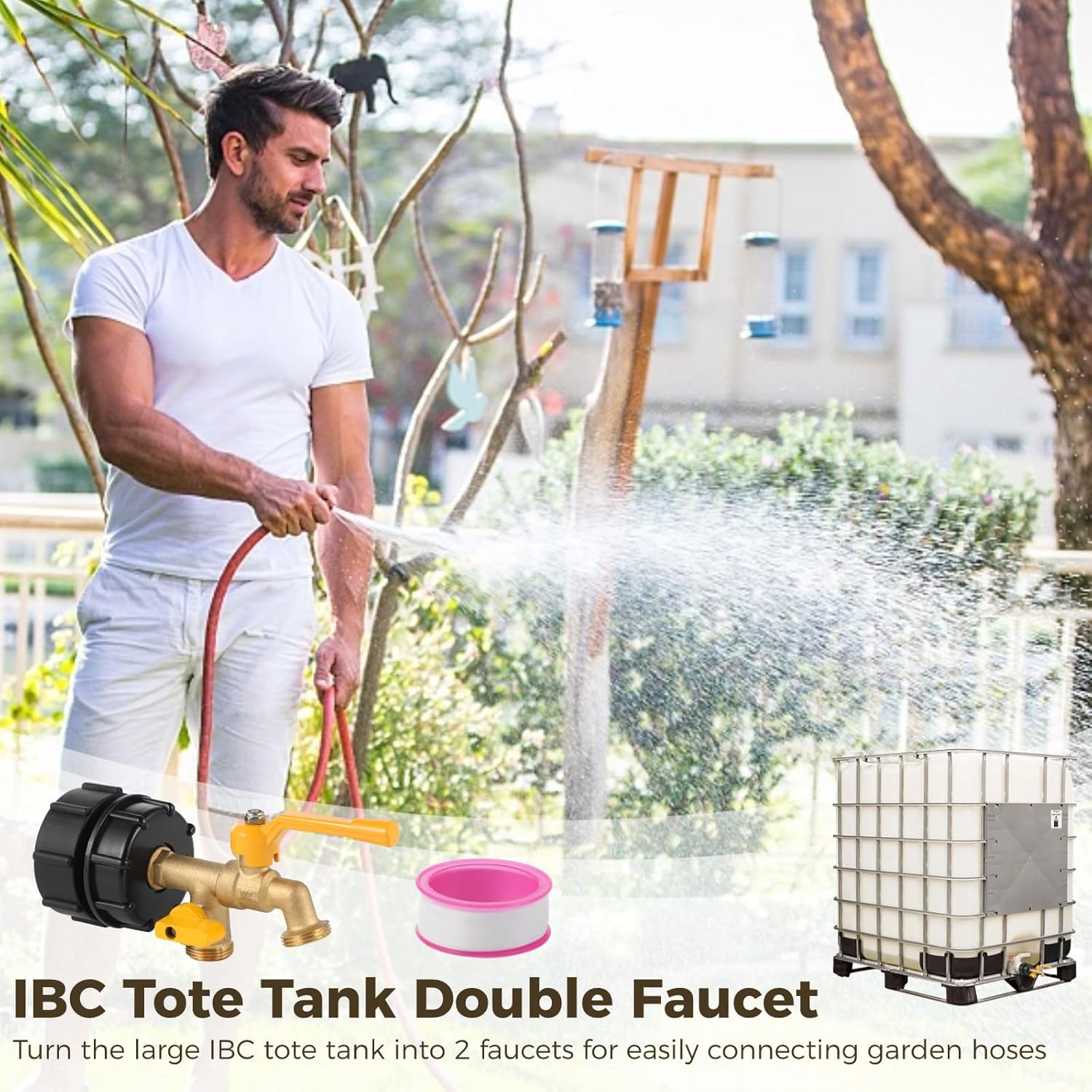 [275-330 Gallon] 2 in 1 Double Faucet IBC Tote Tank Faucet Adapter with G1/2 Thread, IBC Water Tank Fittings, 2.36" Thread Connectors with 2 Faucets for Garden Hose