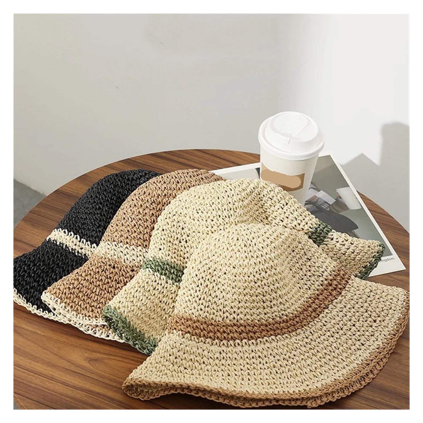 Sombrero de paja con ala ondulada for mujer, estilo cubo plegable ancha for playa, exteriores y verano