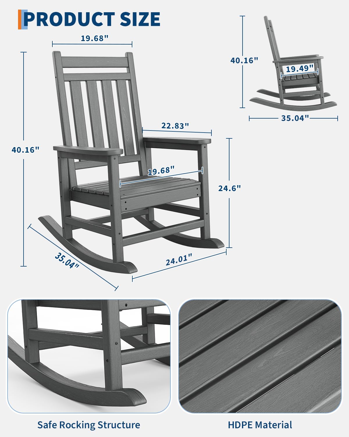 Sedia a Dondolo Da Giardino in HDPE - Schienale Alto, Braccioli Larghi - Robusta, Resistente Alle Intemperie - Stile Legno Pressato - Ideale Per Terrazza, Patio, Giardino