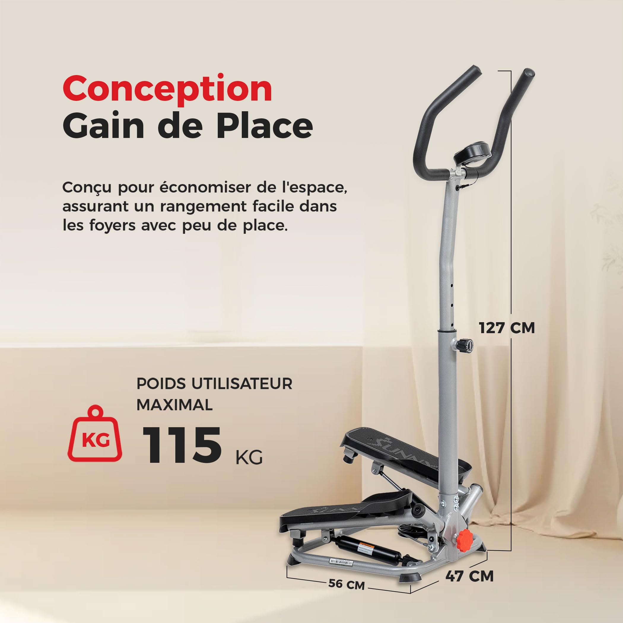 Sunny Health & Fitness Stepper de Fitness avec Guidon, Appareil Cardio pour Jambes, Abdos et Fessiers, avec Mouvement de Rotation Optionnel, Bandes de Résistance et Application SunnyFit Gratuite