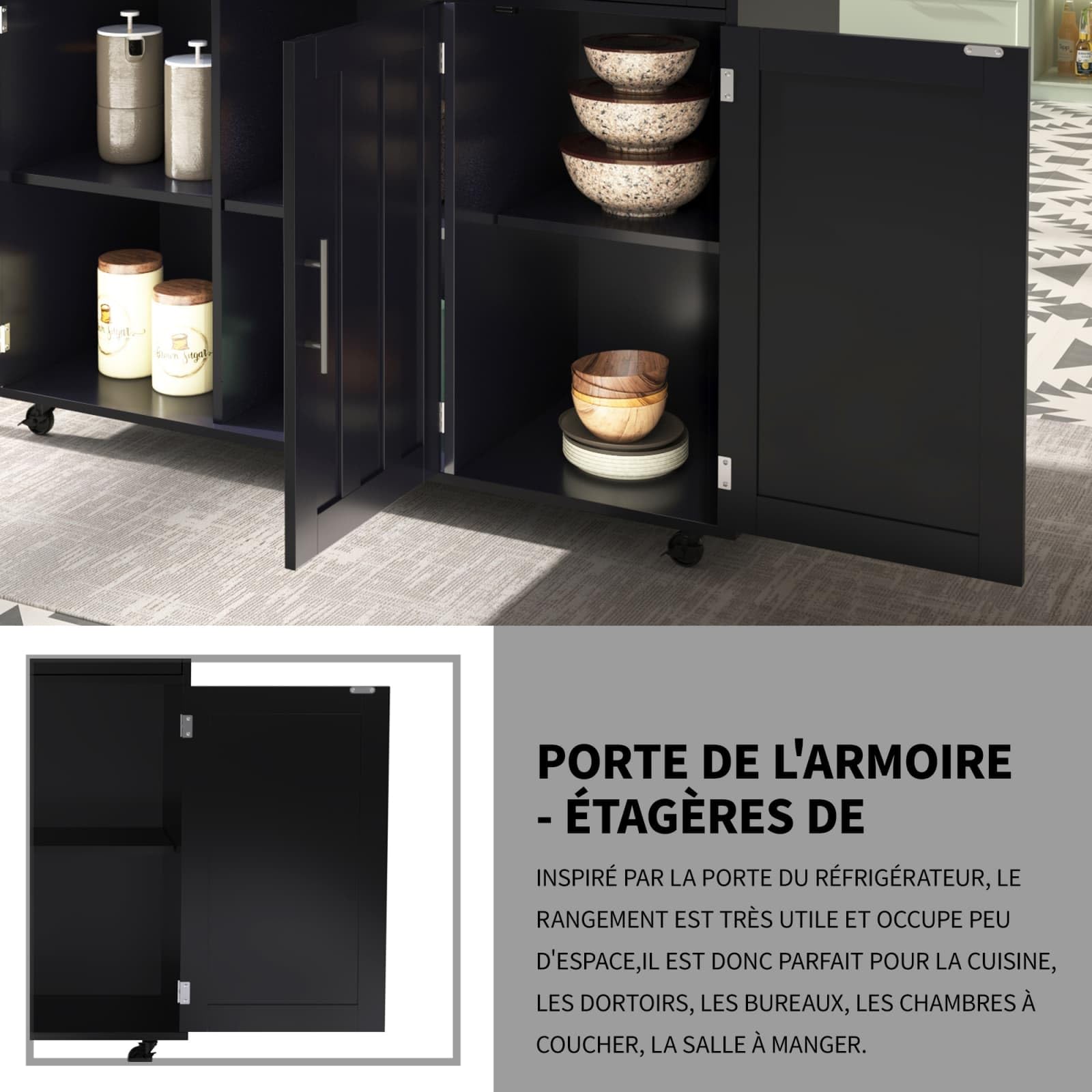 PUGSDRLY Desserte de Cuisine à roulettes,Buffet Meuble,îlot de Cuisine avec Plateau de Table Pliable,2 Tiroirs et 3 Portes,Roulette ou Pieds en Bois Massif (Noir-C)