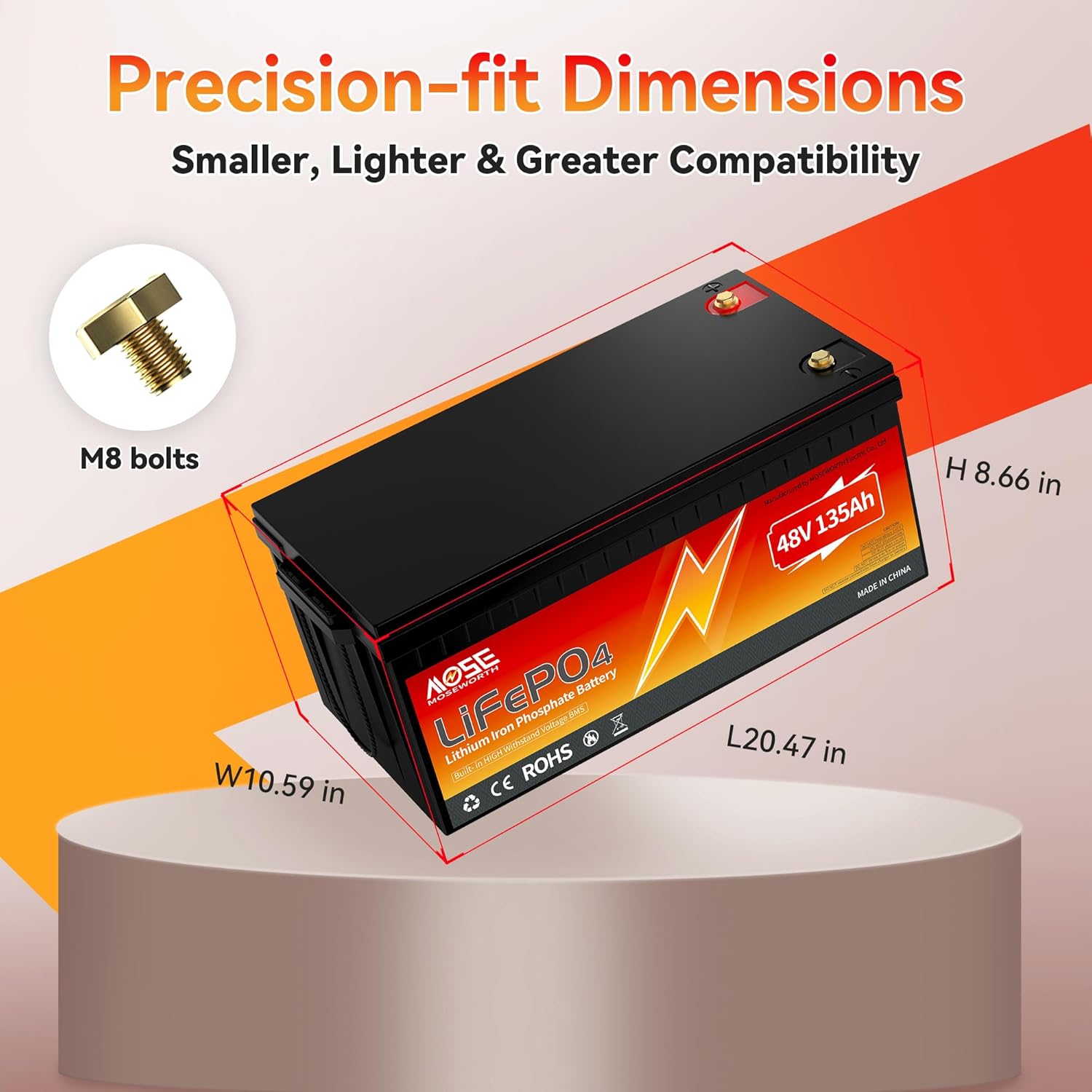 MOSEWORTH 48V 135Ah LiFePO4 battery dimensions