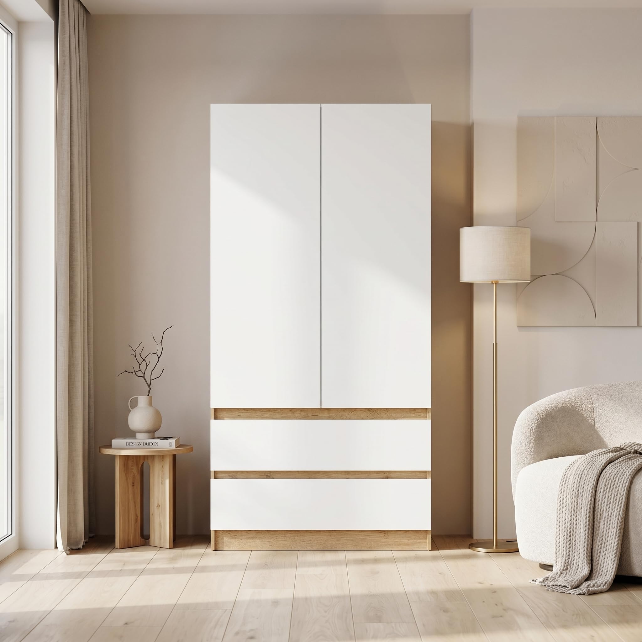 Happy Babies Armadio bicolore, 90 cm, antracite/bianco, armadio con 2 cassetti, moderno guardaroba per camera da letto, camera dei ragazzi, 90 x 180 x 50 cm (rovere Votan, bianco)