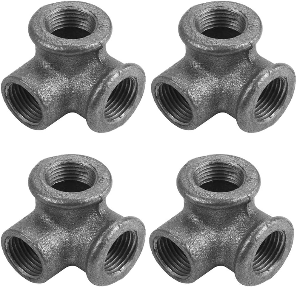 4 Pack Black 3 Way Corner Pipe Fitting Malleable Iron DN15 1/2 Inch, Tee Fitting Side Outlet Elbow - Threaded Pipe Nipples For DIY Decor Or Industrial Vintage Style