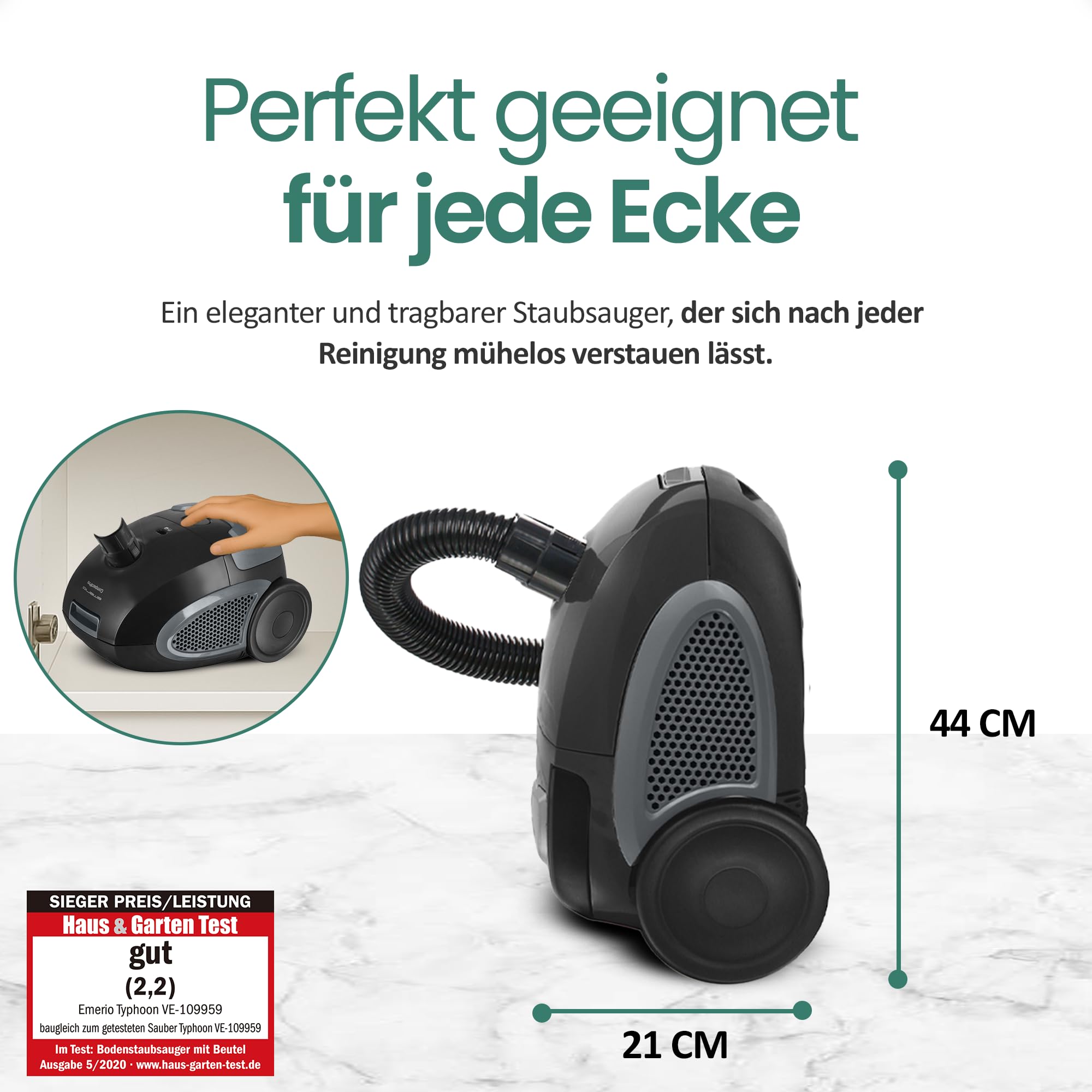 Emerio VE-109959.14, Staubsauger SIEGER PREIS/LEISTUNG 05/2020 Haus&Garten Test, leistungsstark, 800 Watt, kompakt & leicht, mit Beutel, für Hard- & Teppichboden, 2.0 L, Staubbeutel Y50 kompatibel