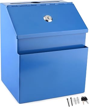 Suggestion Box with Lock and keys, Metal Wall Mounted Ballot Box, Iron steel Donation and Collection Drop Box 8.5" H x 6" W x 7" L with wide 5.5" Slot and front sheet holder Blue
