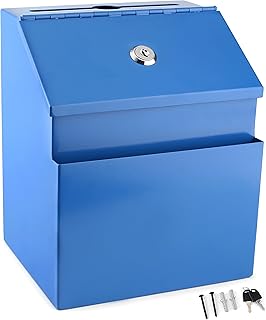 Suggestion Box with Lock and keys, Metal Wall Mounted Ballot Box, Iron steel Donation and Collection Drop Box 8.5" H x 6" W x 7" L with wide 5.5" Slot and front sheet holder (Blue)