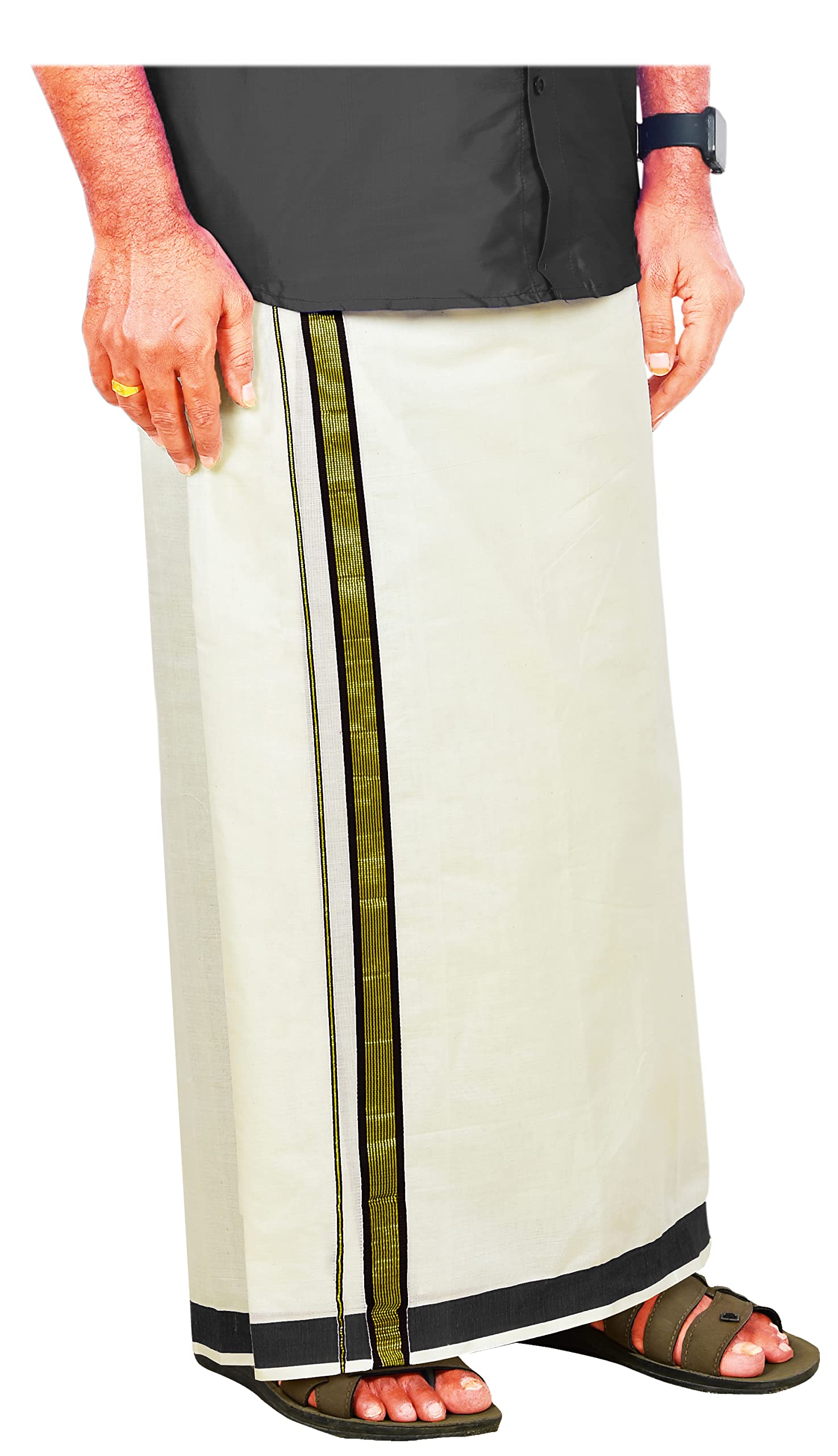 Mens Gold Jari Line Border 100% Cotton Cream Dhoti 4.00 Meters Double Mundu/Vesti-image-30