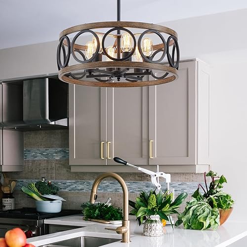 Miniatura 2 de Candelabros para comedor, 19.7 pulgadas, estilo casa de campo, moderna, de grano negro y madera, lámpara colgante de metal de grano de madera,