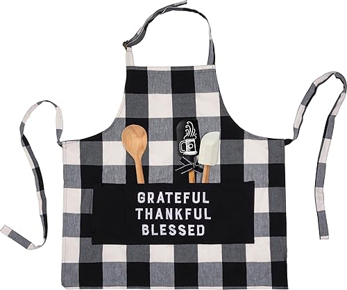 Primitives by Kathy Delantal Grateful Thankful Blesed, 28 pulgadas de altura, blanco y negro, Negro -