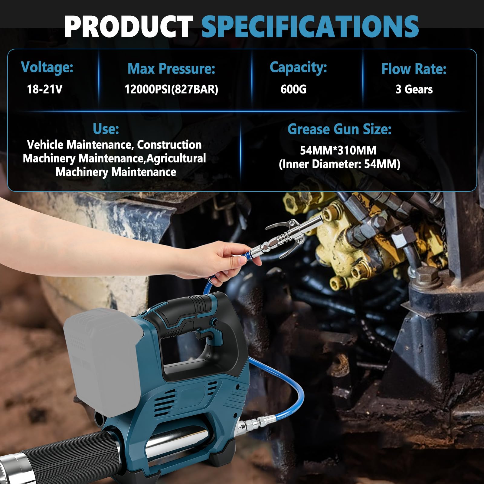 Akumulatorowa wyciskarka do smaru kompatybilna z Makita 18 V, ulepszona, bezszczotkowa elektryczna prasa do smarowania 12000 psi, 6 oz/min z 3 ustnikami, wąż 60 cm, 3 złącza do traktorów
