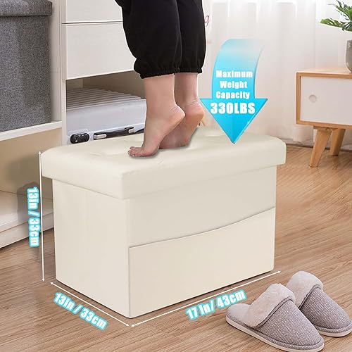 Miniatura 3 de AmasSmile Otomana de almacenamiento, taburete reposapiés con bolsillo lateral, banco de cuero de 17 pulgadas, taburete otomano corto, almacenamiento