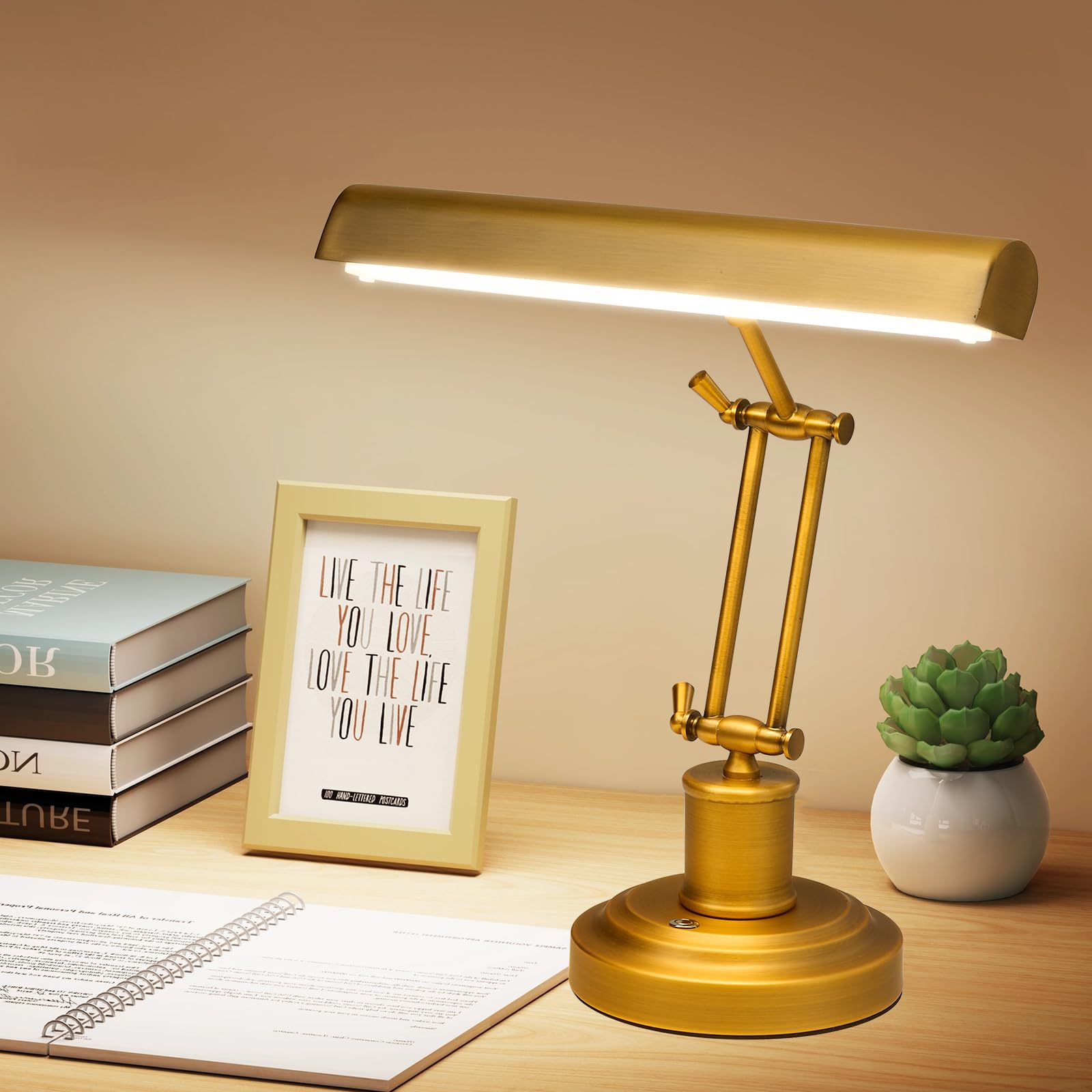 Lampe Piano LED CRI95+ Double Bras Réglable Tactile, Dimmable 3 Températures 3000K-6000K, Bronze Laiton Vieilli pour Piano Pupitre Bureau Salon
