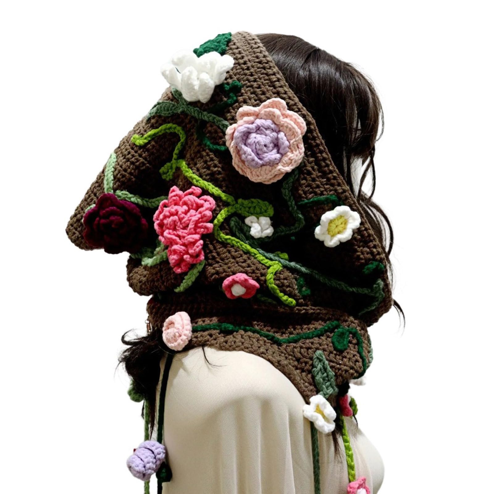 Handgefertigte, gehäkelte Cape-Mütze mit Blumenmuster, Wintermütze mit Kapuze und Quasten für Damen, ideal für Outdoor-Aktivitäten