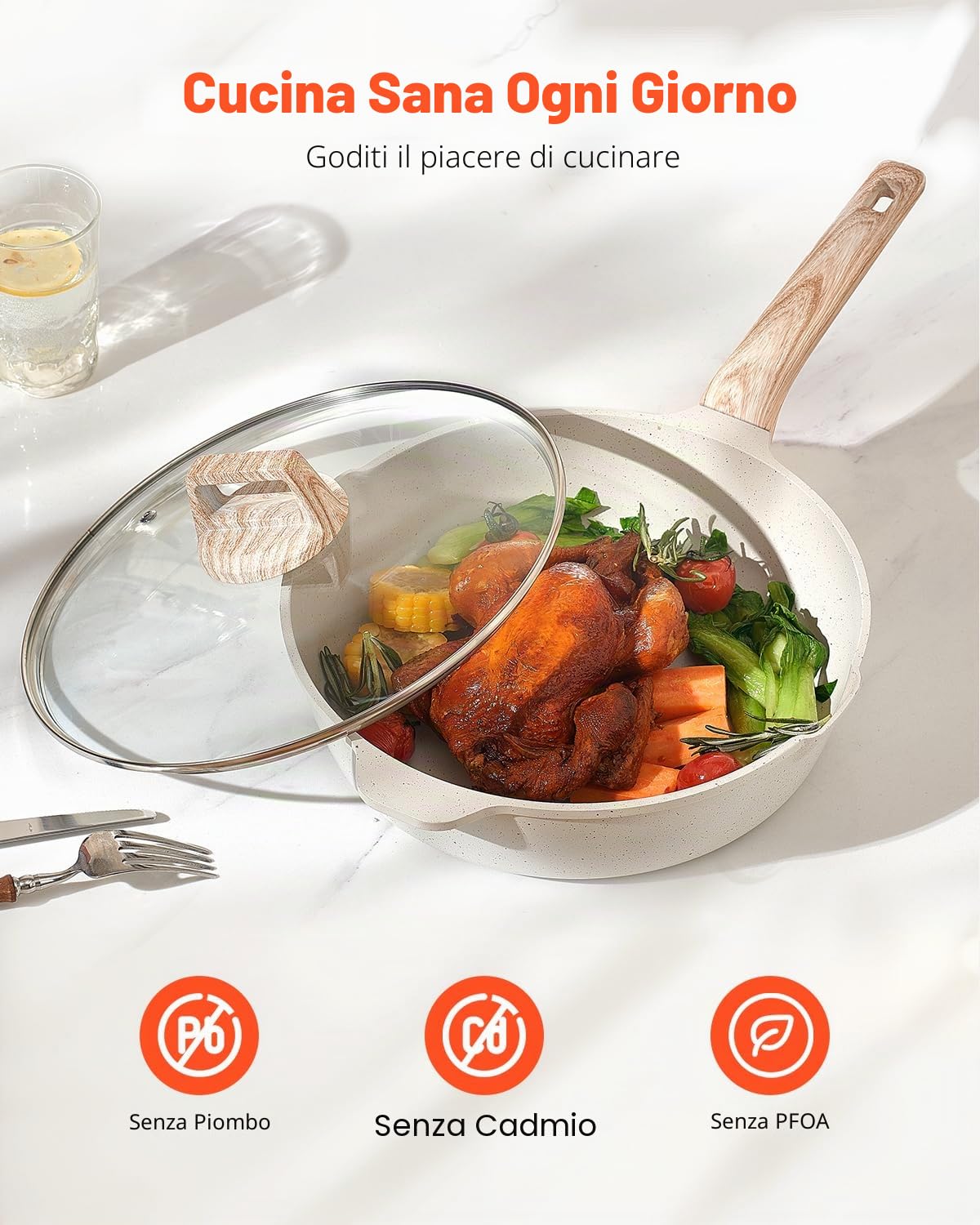 VEVOR Set di Pentole, Padelle Antiaderenti in Granito con Manico, Set di Pentole a Induzione da Cucina per Camper, con Frittura, Coperchi in Vetro Temperato, Bianco 19 Pezzi