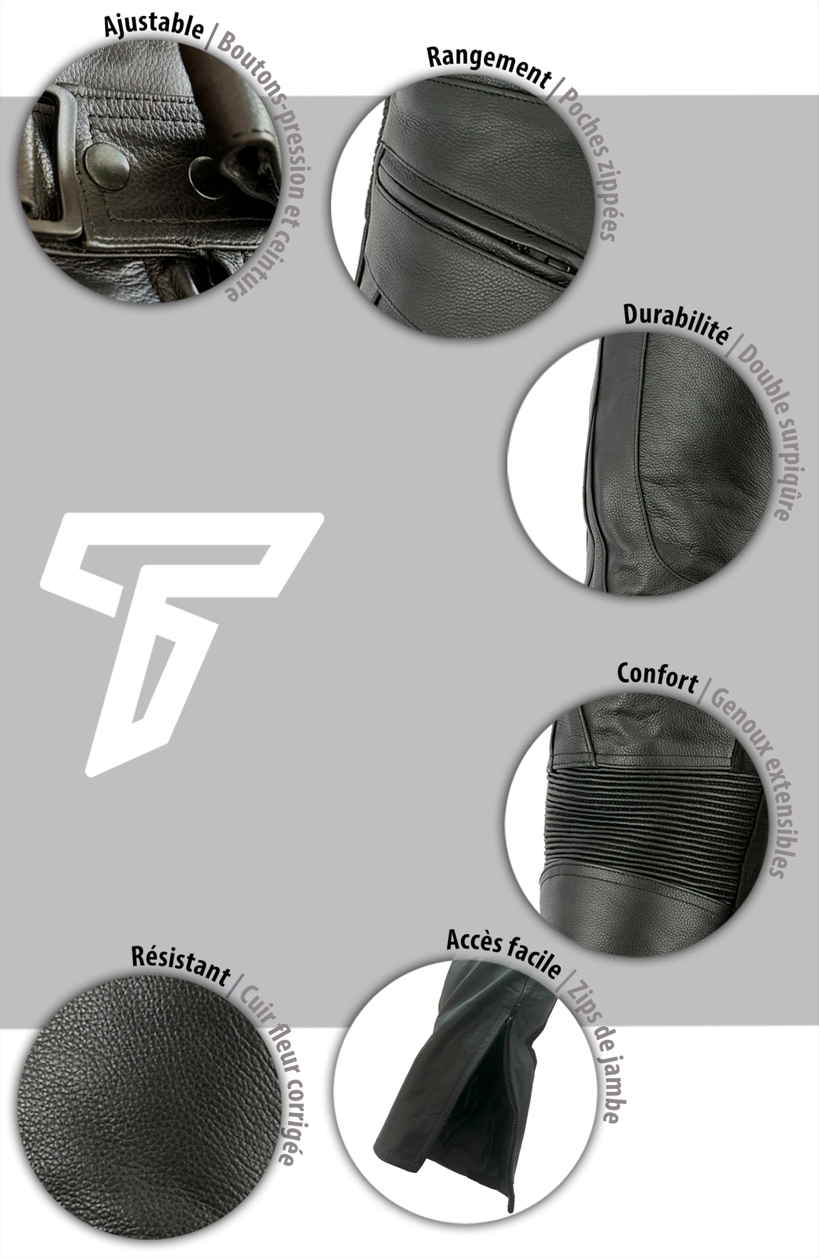 Texpeed Pantalon moto cuir homme - De tourisme en cuir pour moto Cruiser racing avec protection authentique biker CE armor (EN 1621-1) Noir - (M Taille/Jambe Courte)