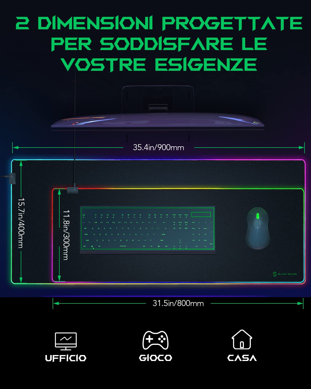 Black Shark Tappetino per mouse da gaming, XXL, 900 x 400 mm, 11 modalità di illuminazione a LED, superficie in microfibra, fondo in gomma antiscivolo, tappetino per mouse decorativo Manta P7