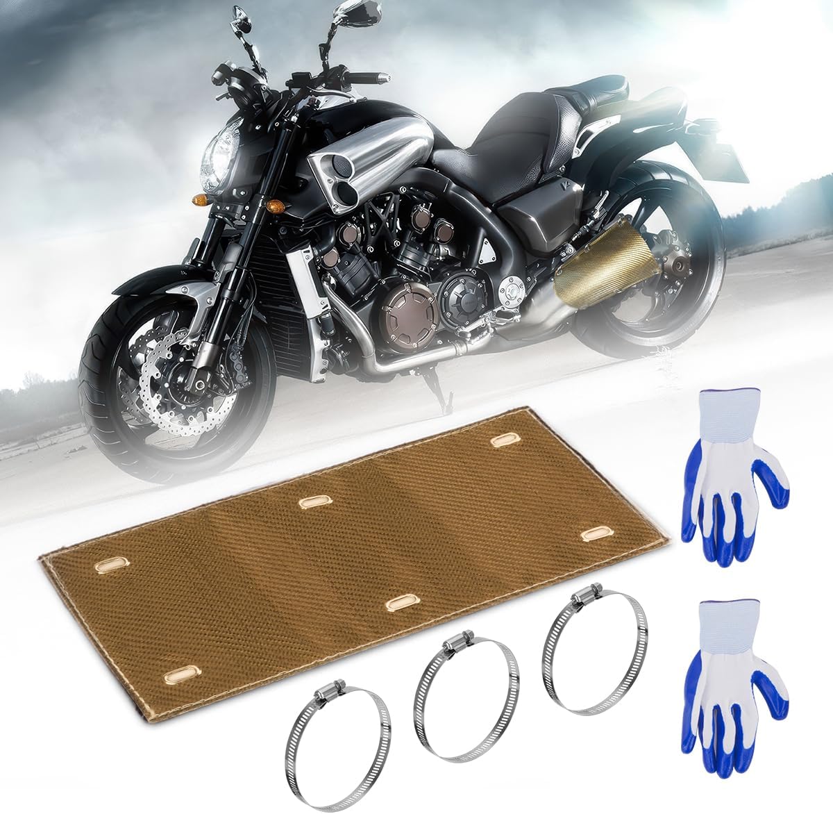Titanium Pipe Shield with Gloves, 12" x 6" Exhaust Heat Shield, Two-layer Material Design Heat Protection up to 1350°F, Pipe Heat Insulation Shield Motorcycle Heat Guard