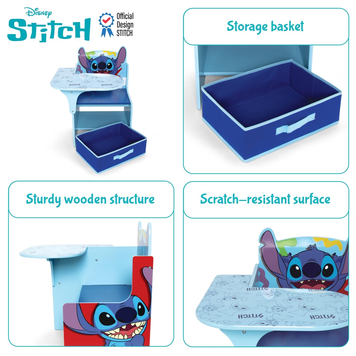 ARDITEX - Sedia-Banco infantile in legno con contenitore in tessuto di Stitch di Disney - 62x30x60cm - Colore Blu - Ideale per attività creative, studio o gioco.