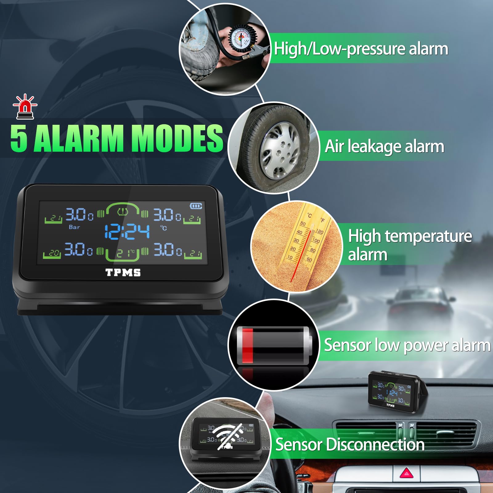 TPMS Sistema de Monitoreo de Presión de Neumáticos, Carga Solar/USB, 5 Funciones de Alarma, Auto On/Off, Compatible Caravana/Berlina/SUV/MPV (4 Sensores, 87 PSI)