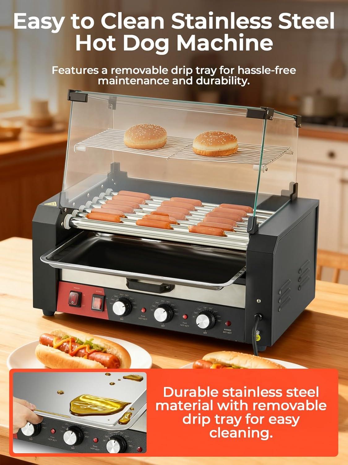 FOHERE Hot Dog Roller with Bun Warmer, 7 Rollers 18-24 Hot Dogs Capacity, 1250W Stainless Steel Hot Dog Machine with Dust Cover, 3 Temp Control, Removable Oil Drip Tray, for Home & Commercial