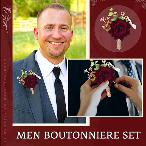Miniatura 7 de Juego de 20 ramilletes de rosas y boutonnier de flores, ramillete de muñeca, pulsera de pulsera para novio y hombre, Boutonniere de boda, flor de
