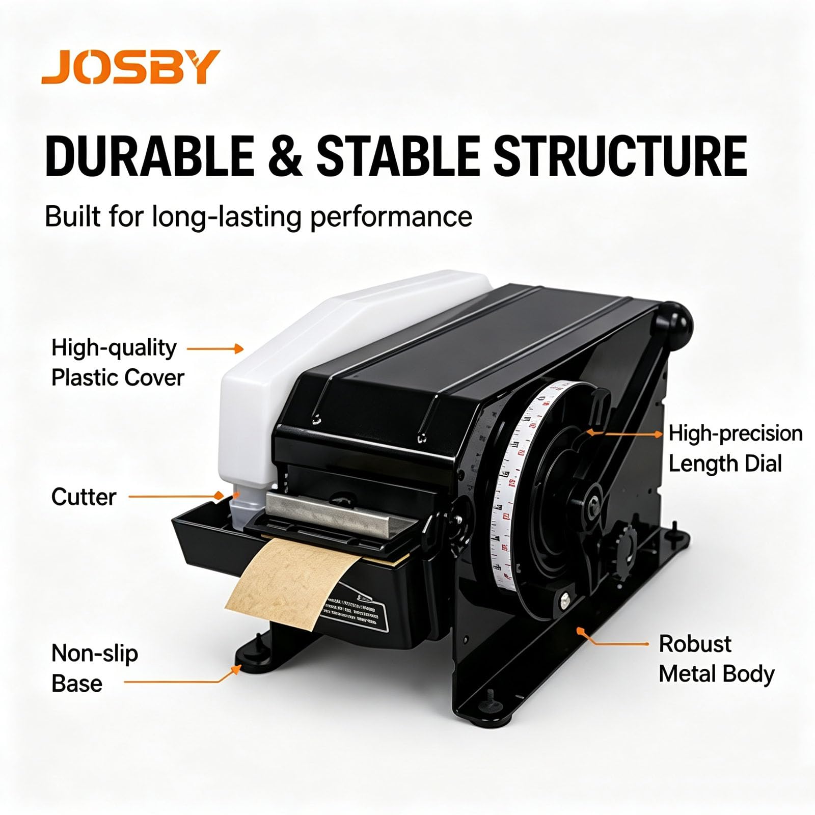 JOSBY Macchina Manuale per Nastro Adesivo in Carta Kraft Umida, Lunghezza Regolabile da 100 A 1000 Mm, Larghezza da 20 A 100 Mm, Corpo Interamente in Metallo Rinforzato, Ideale per Imballaggio