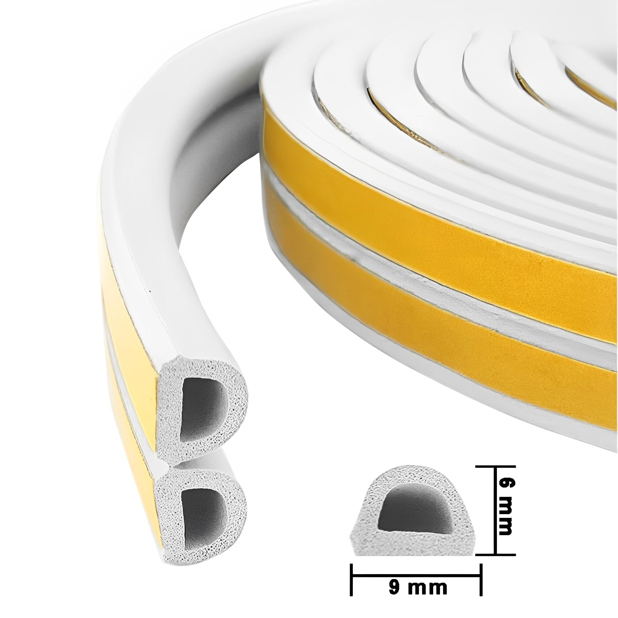 Tochtstrip tape voor deur raam zelfklevende schuimtape isolatiestrook weerstrippen type D 9 mm x 6 mm x 5 meter, 4 afdichtingen totaal 20 m wit