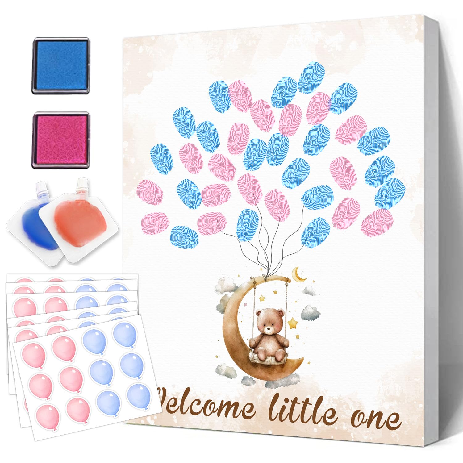 BirDerr Gender Reveal Party Fingerprint Tree Sign, a Baby Shower Guest Book,Woodland Baby Shower Guest Book,Moon Bear Theme Canvas Baby Shower, Gender Reveal Keepsake