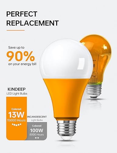 Miniatura 7 de KINDEEP Bombilla LED A21 naranja, 13 W (equivalente a 100 vatios), bombillas de color naranja, base E26 LED naranja bombilla para hogar, porche,